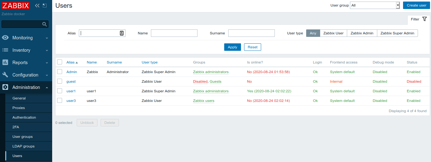 Zabbix Administration users