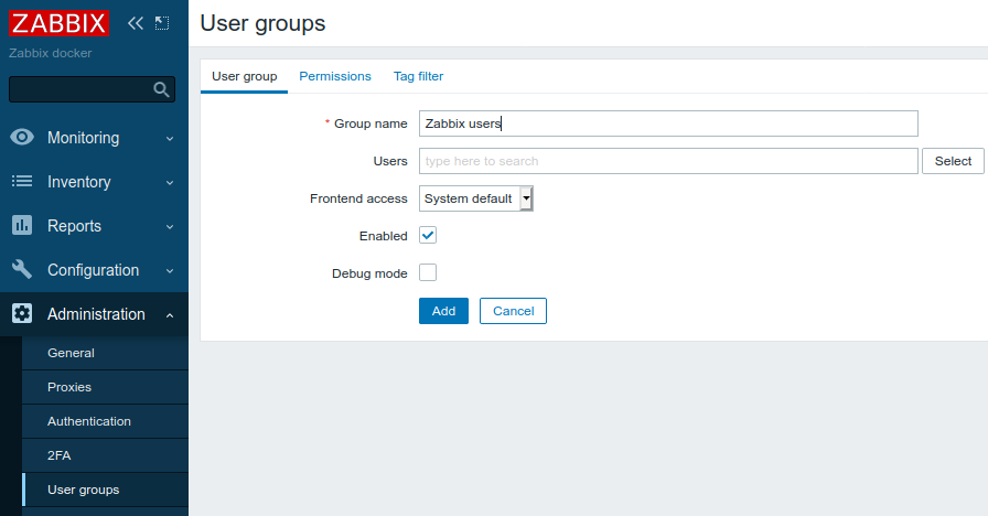 Zabbix create user group