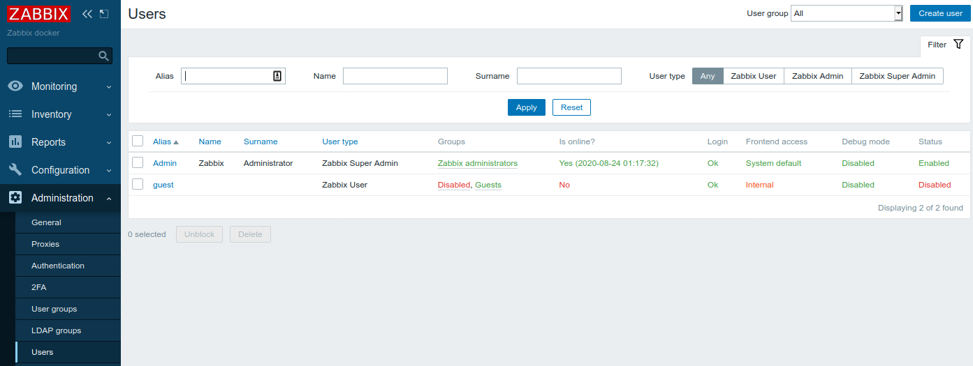 Zabbix default users